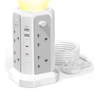 Tower Extension Lead with 20W USB C Slot and Night Light, Grey White 1.8M | 8 Way Surge Protected Extension Tower with 4 Switches and 2A2C, HAFINO Extension Cable for Home, Office