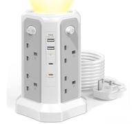 Tower Extension Lead with 20W USB C Slot and Night Light, Grey White 3M