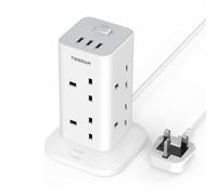 Tower Extension Lead with 3 USB Slots, TESSAN 8 Way Multi Plug Extension Tower, Surge Protection Extension Cord with Switch, Plug Socket Tower Power