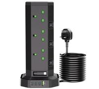 Tower Extension Lead with 5 USB, BOCHLION 12 Way Extension Tower 3M-Black
