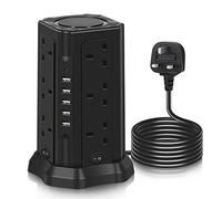 Tower Extension Lead with 5 USB Slots(5V/3.1A), GLCON 12 Way Multi Plug Extension Sockets(13A/3250W) with Extension Cable 3M, Plug Tower Power Tower Strip for Home Office