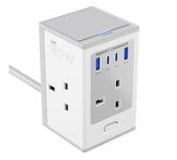 Tower Extension Lead with USB C Ports 3M Gray Cable Extender Desktop Management Electric Socket Surge Protector 750J
