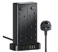 Tower Extension Lead with USB C Slots, 12 Way Multi Plug Socket Extension with 6 USB Ports, Overload Protected Extension Lead with 4 Switch Tower Extension Cable 1.8m for Home Kitchen Office