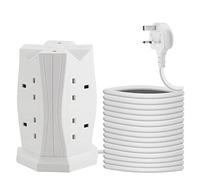 Tower Extension Lead with USB Slots, 12 Way Multi Socket Plug with 5M Tower Extension Cord, Surge Protector Extension Lead with Switch,Power Strip Tower for Home, Office, Kitchen,White