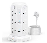 Tower Extension Lead with USB Slots【2 USB C & 4 USB A】, 1400J Surge Protected Extension Lead with Individual Switches, Extension Lead with 2m Cable, Power Tower, Plug Tower for Desktop、Office、Kitchen