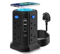 Tower Extension Lead with USB Slots, 3M 13A 3250W 13-in-1 Power Strip with Top Wireless Charging Pad, 8 AC Sockets, 2 USB-A & 2 USB-C, 4 Independent Switches, Surge Protected for Home & Office