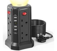 Tower Extension Lead with USB Slots 3M, 20W Fast Charger with Night Light, (13A 3250W)5 USB Ports & 8 Way, Surge Protected Extension Lead with 4 Independent Switch, Extension Cable for Home Office
