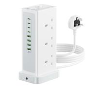Tower Extension lead with USB Slots,6 Way (13A/3250W) Plug Extension Socket with 4 USB C & 4 USB A, Overload Protection Power Strip with Switch 1.8M Extension Cable for Office, Home, Kitchen