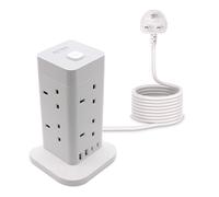 Tower Extension Lead with USB Slots, 8 Way Sockets(13A 3250W) Multi Plug Extension Tower with 2 USB C and 2 USB A, Switche, 2M Power Tower Extension Cable for Home Kitchen Office WHITE