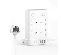 Tower Extension Lead with USB Slots, 8 Way Sockets(13A 3250W) Multi Plug Extension Tower with 3 USB C and 3 USB A, 4 Independent Switches, 1.8M Power Tower Extension Cable for Home Kitchen Office