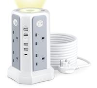 Tower Extension Lead with USB Slots and Night Light, 20W USB C Fast Charger, (13A 3250W)5 USB Ports & 8 Way Extension Tower, Surge Protected Extension Lead with 4 Switches, 3M Extension Cable