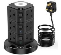 Tower Extension Lead with USB Slots and Night Light, Acodot 12 Way Multi Plug Extension & 3 USB Slots,Surge Protection Extension Lead 3M of Pure Copper Wire for Home, Office（Black）