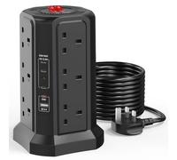 Tower Extension Lead with USB Slots and PD 65W USB C Fast Charger, 5 USB Ports (4C1A) and 12 Way Extension Tower, Extension Cable for Home, Office (Black, 3M)