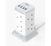 Tower Extension Lead with USB Slots, BEVA 8 Way Extension Socket with 3 USB-A and 1 USB-C Ports, 2100J Surge Protected Extension Plug Tower with Switch 2M Cable(13A 3250W) for Home, Office