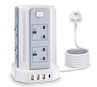 Tower Extension Lead with USB Solts 3M,[13A 3250W] 8 Outlets and 4 USB Charging Ports Extension Cable Surge Protected Power Strip with 3M Long Extension Cord, Tower Charing Station for Home and Office