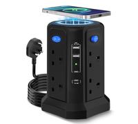 Tower Extension Lead with Wireless Charger, [13A 3250W] 8 AC Outlets and 4 USB(2A & 1C & 1C PD20W), Surge Protection, Independent Control Switch, 3M Extension Lead with USB Slots for Office, Home