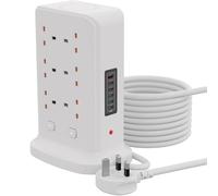 Tower Extension Lead with Wireless Charger, BOCHLION Extension Tower 5 USB C & 1 USB A Power Socket With Night Light, 12 Way Plug Extension Socket Surge Protector, Extension Cable 3M-White