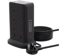 Tower Extension Lead with Wireless Charger, BOCHLION Extension Tower 5 USB C & 1 USB A Power Socket With Night Light, 12 Way Plug Extension Socket Surge Protector, Extension Cable 1.5M-Black