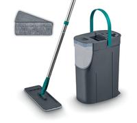 Tower Flat Mop and Bucket Set with 2 Washable Microfibre Mop Heads, Dual-Chambers, Clean & Dirty Water Separation, Removable Water Tank, 3 Part Handle, Anthracite & Teal, T769015TL