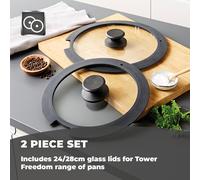 Tower Freedom T800206 2 Piece 24cm/28cm Glass Lids with Silicone Edges and Steam Release Vents, Black