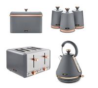 Tower Grey Cavaletto Pyramid Kettle, 4 Slice Toaster, Bread Bin & 3 Canisters