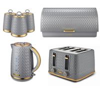 Tower Grey Empire Jug Kettle 4 Slice Toaster, Bread Bin & Canisters Set of 6 ompliant]