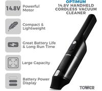 Tower T527000 Optimum 14.8V Handheld Vacuum Cleaner Cordless with a large 0.5L capacity and powerful motor, 200W
