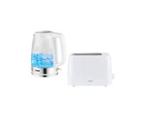 Tower Presto Kitchen Set, 1.7L Illuminating Glass Kettle, 2 Slice Toaster with 6 Browning Levels, White, PT10090WHT & PT20087WHT