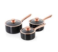 Tower 3pc Linear Non-Stick Saucepan Set | Black & Rose Gold Aluminium Pans