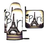 Tower Love Paris Printing Oven Mitts And Pot Holders 3pcs Set,Kitchen Oven Glove High Heat Resistant For Kitchen Cooking