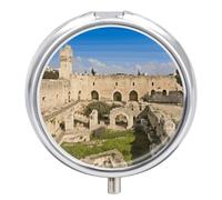 Tower of David Pill Box 3 Compartment Travel Pill Organizer 3 Times A Day Cute Mini Pill Case for Purse & Pocket Portable Metal Medicine Box with Mirror Round Daily Medicine Vitamin Container