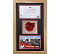 Tower of London Poppy Display Case 3 Inch Deep Shadow Box Frame 22.5 x 13.5 Inch Memorabilia Presentation for Ceramic Poppy Certificate and Photo | Black Mount - Oak Frame | Made in UK
