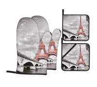 Tower Paris Printed Heat Resistant Oven Mitts and Pot Holder Set 4 PCS Kitchen Baking for Home Cooks and Bakers