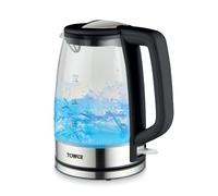 Tower PT10090BLK Illuminating Glass Kettle with Removable Filter, Boil Dry Protection, 1.7L, 2200W, Black & Stainless Steel