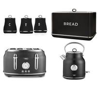 Tower Renaissance Black Kettle 4 Slice Toaster Bread Bin & Canisters Set of 6