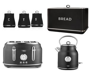 Tower Renaissance Black Kettle 4 Slice Toaster Bread Bin & Canisters Set of 6