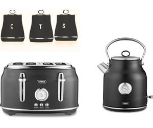 Tower Renaissance Black Kettle 4 Slice Toaster & Canisters Matching Kitchen Set