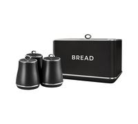 Tower Renaissance Bread Bin, 16L Capacity, Simple Pull Lid and Set of 3 Storage Canisters for Coffee/Sugar/Tea, 1.5L, Black
