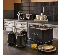 Tower Renaissance Bread Bin & Tea, Coffee & Sugar Storage Canisters. Stylish Matching Kitchen Storage Set in Black