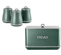 Tower Renaissance Forest Green Breadbin and Tea, Coffee, Sugar Canisters. Contemporary Matching Kitchen Storage Set in Green with Chrome Accents