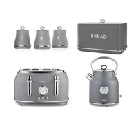 Tower Renaissance Kettle, 4 Slice Toaster, Bread Bin & Canisters Matching Kitchen Set of 6 in Grey