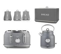 Tower Renaissance Kettle, 4 Slice Toaster, Bread Bin & Canisters Matching Kitchen Set of 6 in Grey