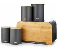 Tower T826140GRY Scandi 5 Piece Bamboo Storage Set with Bread Bin, Biscuit Barrel, Canisters, Grey
