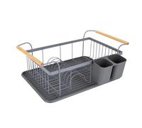 Tower Scandi Dish Drainer Rack with Removable Drip Tray and Cutlery Holder, Grey with Wood Effect Handles One Size, T847009GRY