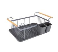 Tower Scandi Dish Drainer Rack with Removable Drip Tray and Cutlery Holder, Grey with Wood Effect Handles One Size, T847009GRY