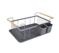 Tower Scandi Dish Drainer Rack with Removable Drip Tray and Cutlery Holder, Grey with Wood Effect Handles One Size, T847009GRY