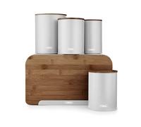 Tower T826141DGRY Scandi 5 Piece Storage Set with Bread Bin, Biscuit Barrel, 3 Canisters for Tea, Coffee, Sugar and Other Loose Ingredients, Durable Iron Body and Anti-Slip Base (Bread Bin), Dove Grey