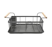 Tower Scandi Dish Drainer Rack with Removable Drip Tray and Cutlery Holder, Grey with Wood Effect Handles One Size, T847009GRY