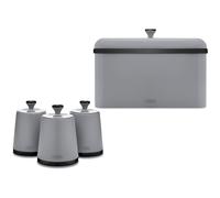 Tower Sera Grey Breadbin & Tea, Coffee, Sugar Canisters. Contemporary Matching Kitchen Storage Set in Matte Grey Finish with Stylish Black Smoked Trim