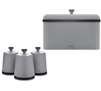 Tower Sera Grey Breadbin & Tea, Coffee, Sugar Canisters. Contemporary Matching Kitchen Storage Set in Matte Grey Finish with Stylish Black Smoked Trim